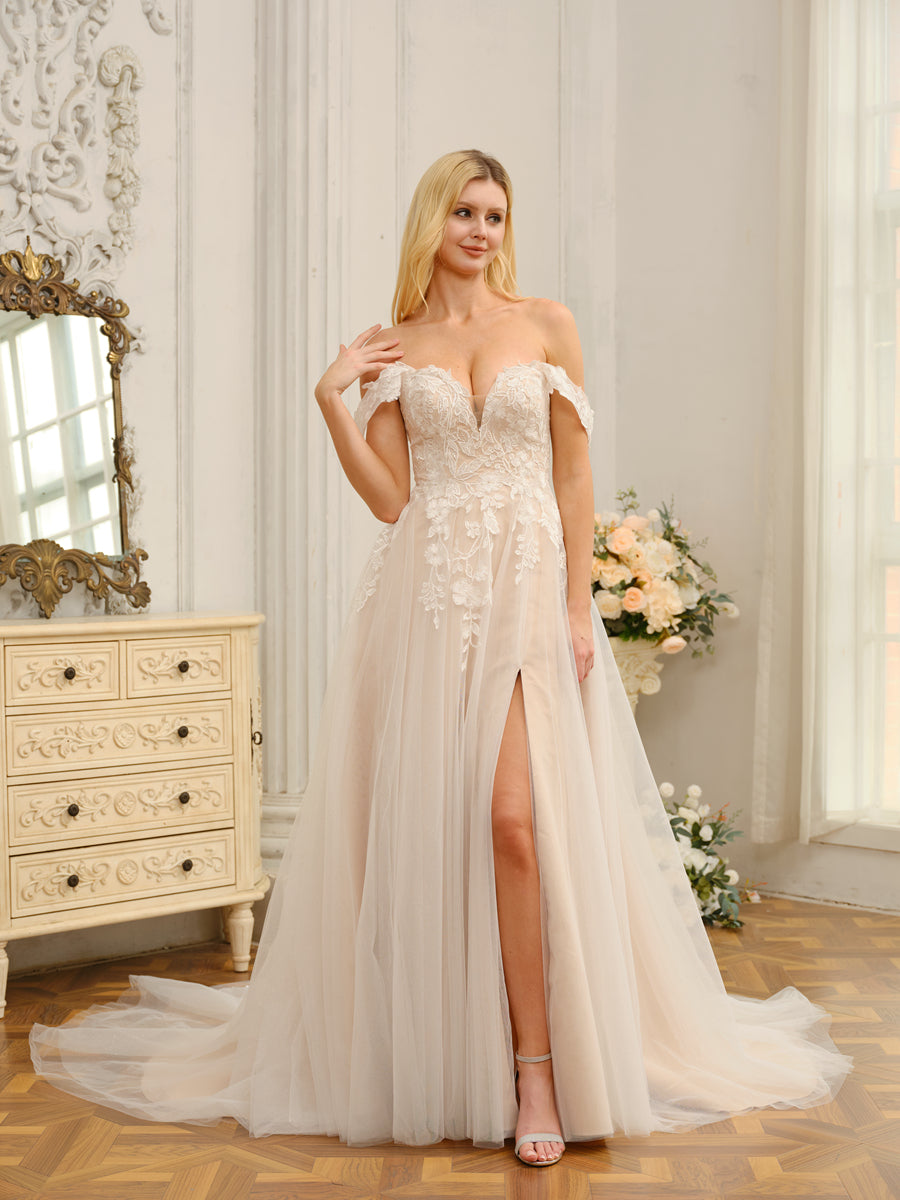 A-Line/Princess Sleeveless Long Wedding Dresses with Appliques & Split Side