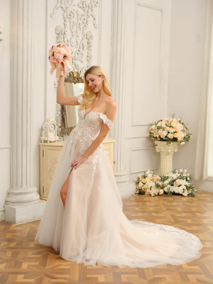 A-Line/Princess Sleeveless Long Wedding Dresses with Appliques &amp; Split Side