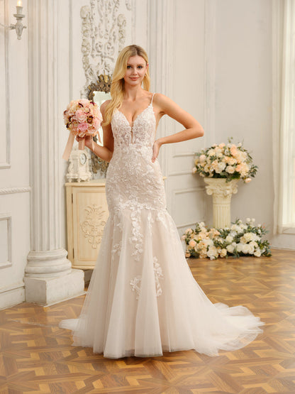 Trumpet/Mermaid Spaghetti Straps Sleeveless Long Wedding Dresses with Appliques