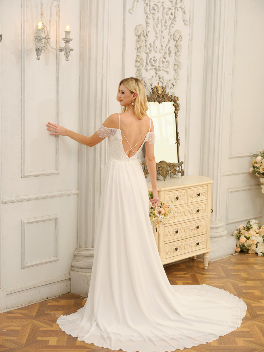 A-Line/Princess Off-the-Shoulder Long Wedding Dresses with Appliques & Split Side