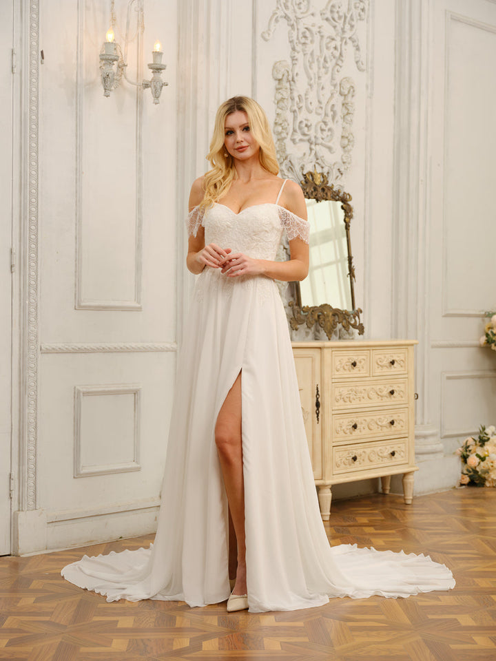 A-Line/Princess Off-the-Shoulder Long Wedding Dresses with Appliques &amp; Split Side