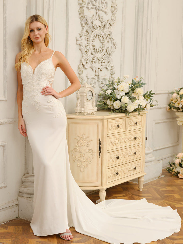 Trumpet/Mermaid Spaghetti Straps Sleeveless Long Wedding Dresses with Appliques &amp; Beading
