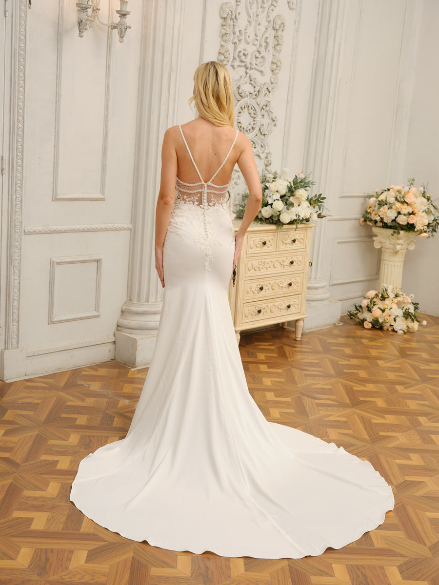 Trumpet/Mermaid Spaghetti Straps Sleeveless Long Wedding Dresses with Appliques & Beading