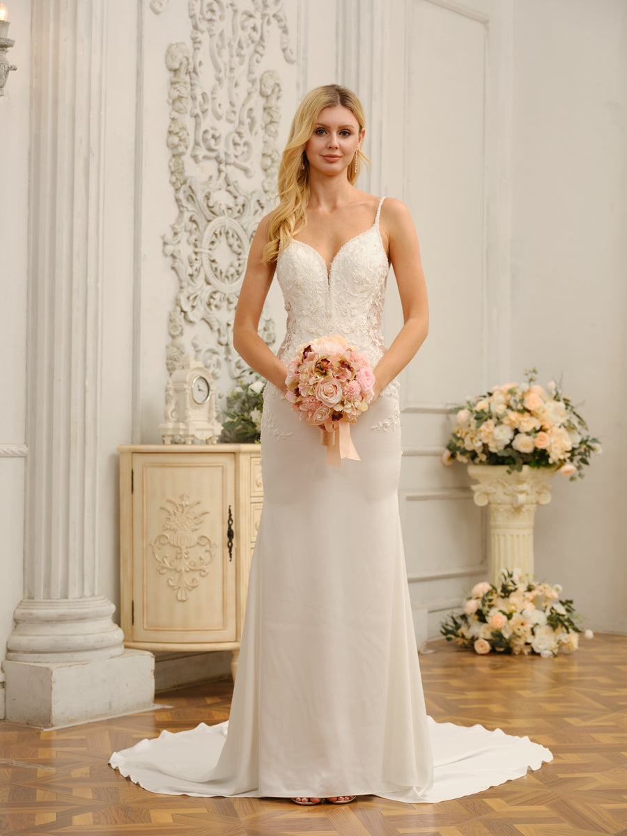 Trumpet/Mermaid Spaghetti Straps Sleeveless Long Wedding Dresses with Appliques & Beading