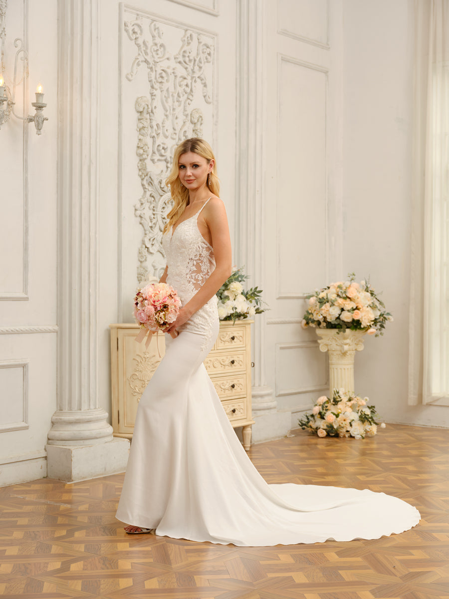 Trumpet/Mermaid Spaghetti Straps Sleeveless Long Wedding Dresses with Appliques &amp; Beading