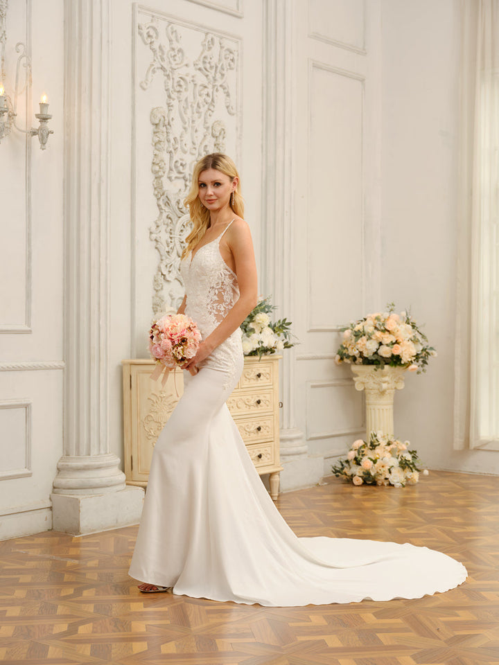 Trumpet/Mermaid Spaghetti Straps Sleeveless Long Wedding Dresses with Appliques &amp; Beading