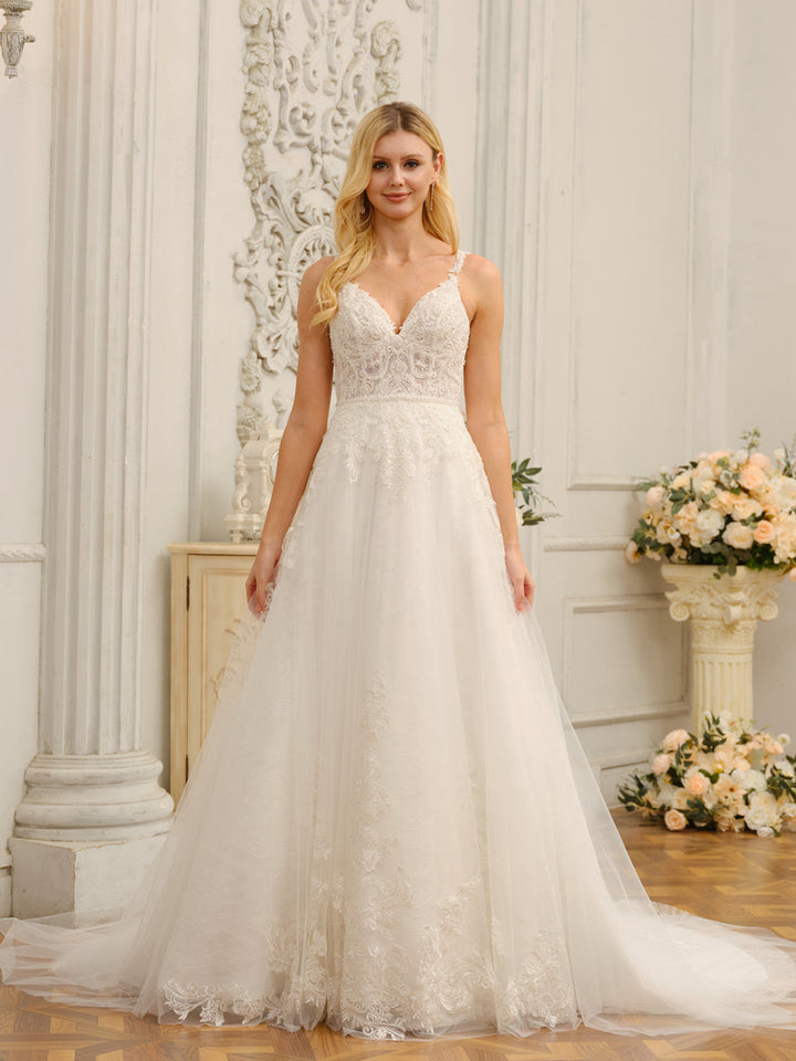 Spaghetti Straps V-Neck Sleeveless Long Wedding Dresses with Appliques &amp; Beading