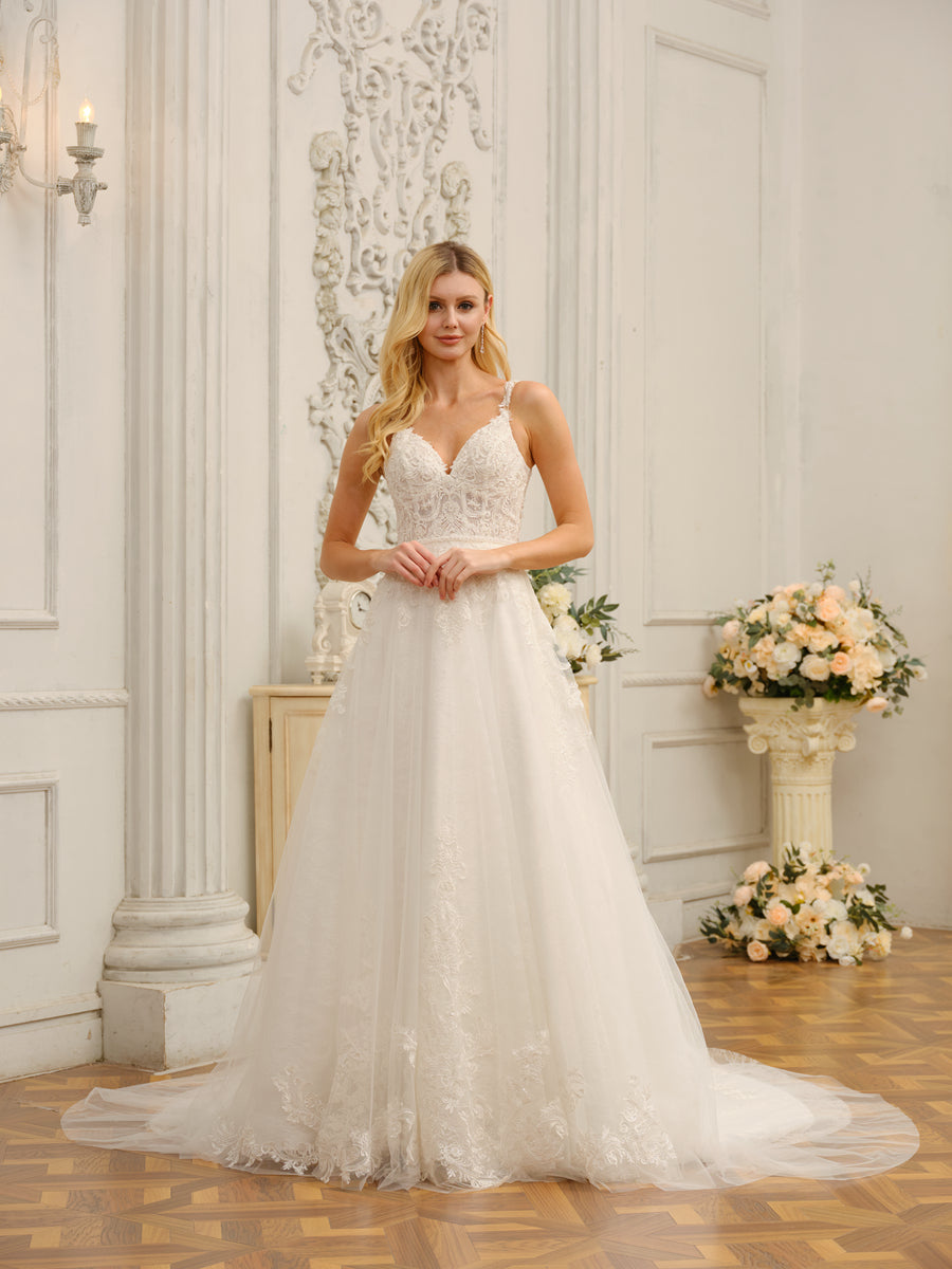 Spaghetti Straps V-Neck Sleeveless Long Wedding Dresses with Appliques &amp; Beading