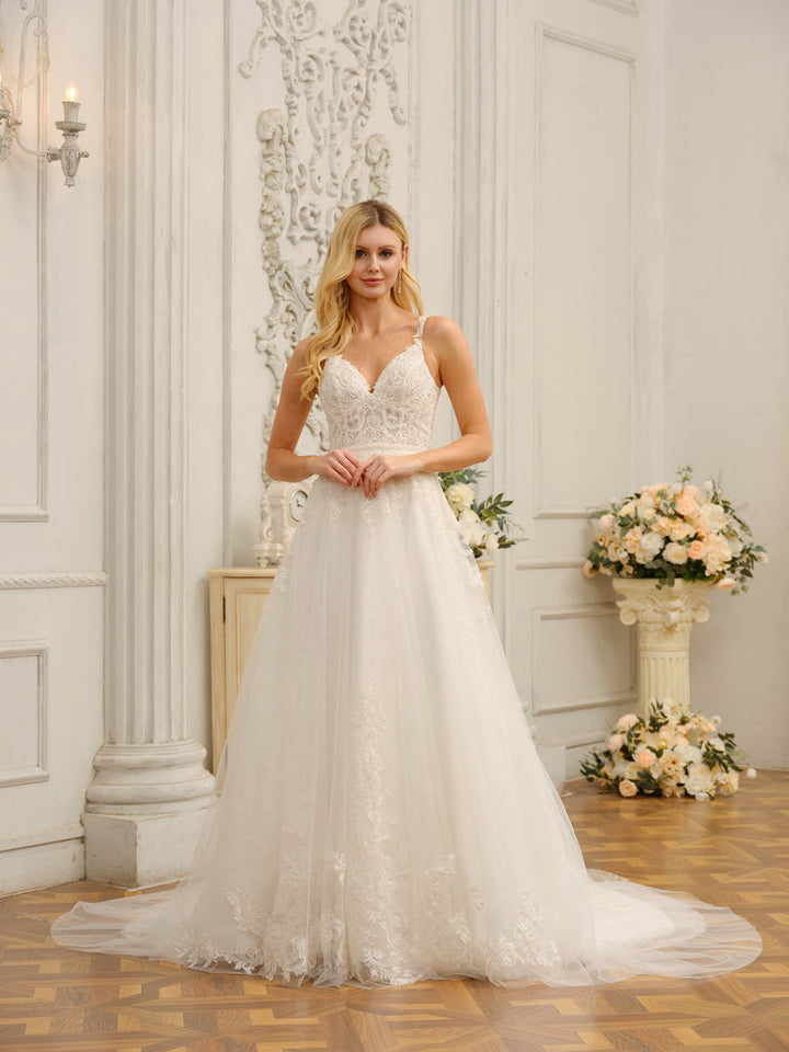 Spaghetti Straps V-Neck Sleeveless Long Wedding Dresses with Appliques &amp; Beading