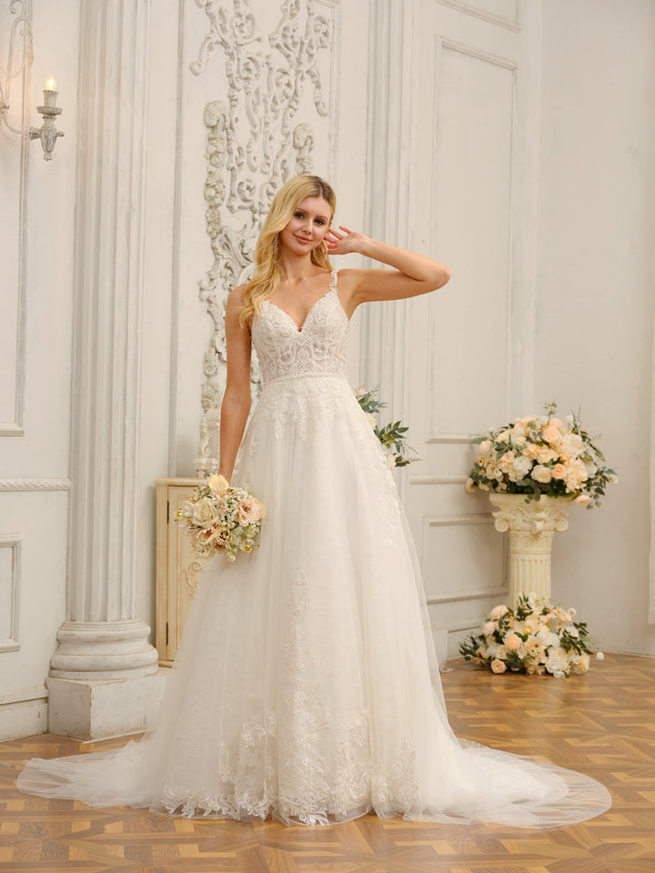 Spaghetti Straps V-Neck Sleeveless Long Wedding Dresses with Appliques &amp; Beading