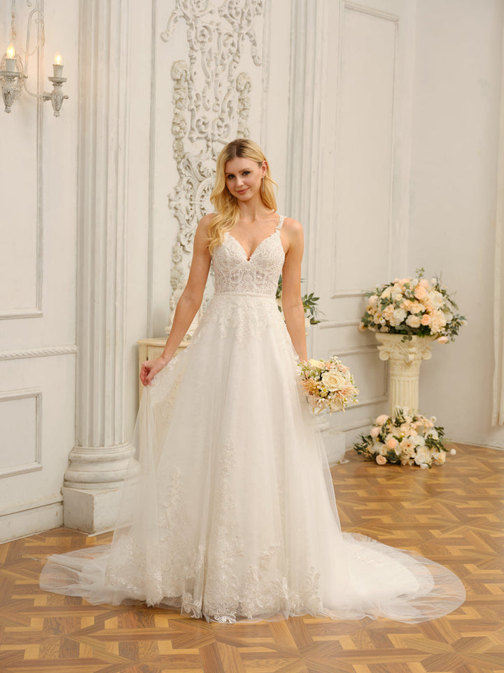 Spaghetti Straps V-Neck Sleeveless Long Wedding Dresses with Appliques &amp; Beading