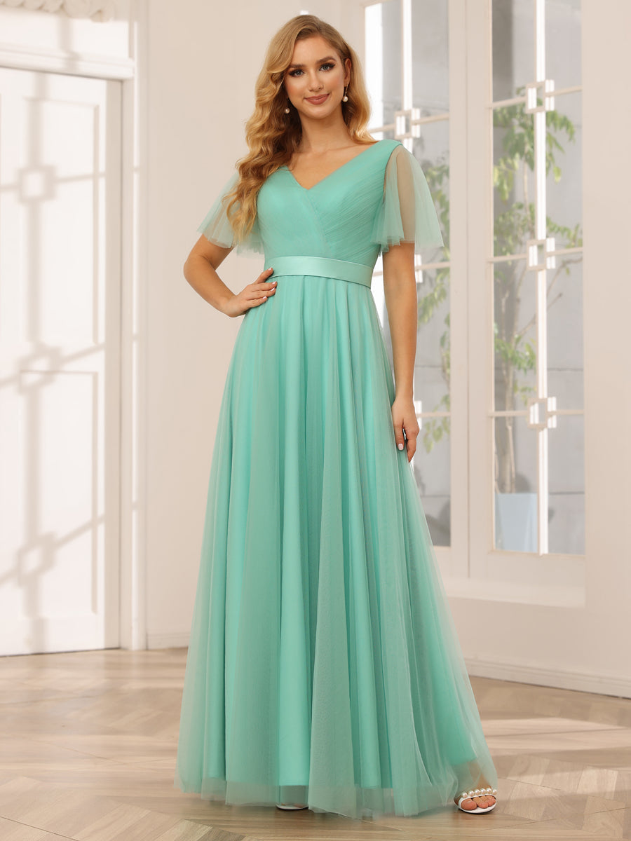 A-Line/Princess Tulle Long Bridesmaid Dresses with Sleeves