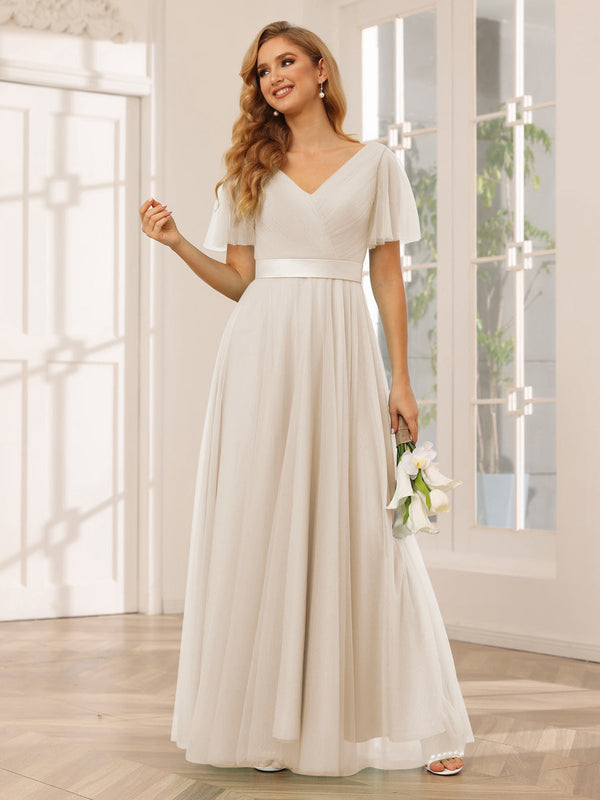 A-Line/Princess Tulle Long Bridesmaid Dresses with Sleeves A-Line/Princess Tulle Long Bridesmaid Dresses with Sleeves