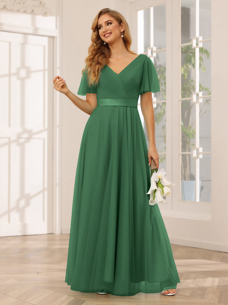 A-Line/Princess Tulle Long Bridesmaid Dresses with Sleeves-Lavetir