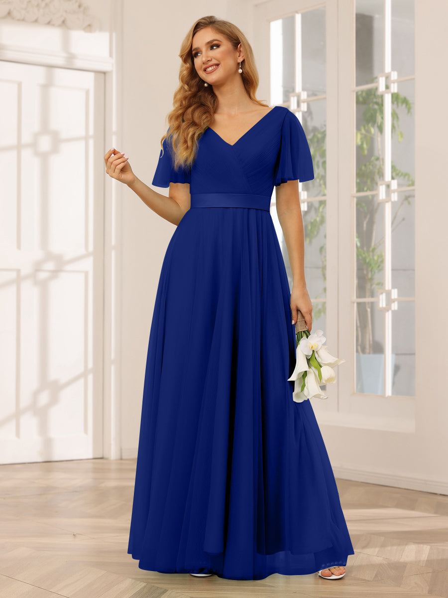 A-Line/Princess Tulle Long Bridesmaid Dresses with Sleeves