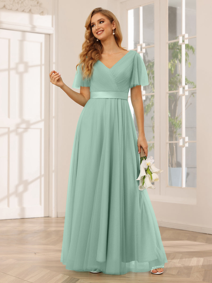 A-Line/Princess Tulle Long Bridesmaid Dresses with Sleeves