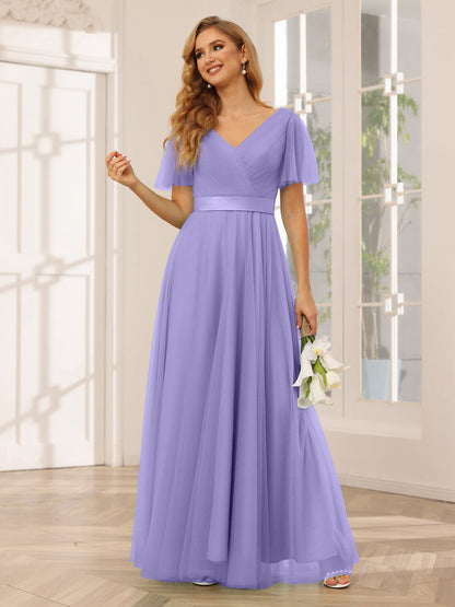 light purple bridesmaid dresses with sleeves Surplice Neck Puff Sleeve Bridesmaid Dress