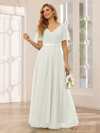 A-Line/Princess Tulle Long Bridesmaid Dresses with Sleeves