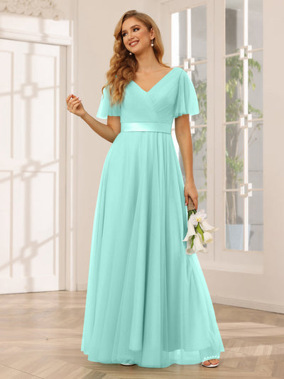 A-Line/Princess Tulle Long Bridesmaid Dresses with Sleeves