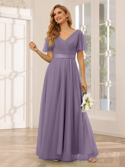 A-Line/Princess Tulle Long Bridesmaid Dresses with Sleeves