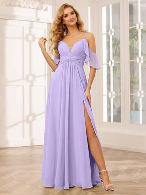 A-Line/Princess Spaghetti Straps V-Neck Long Bridesmaid Dresses with Split Side