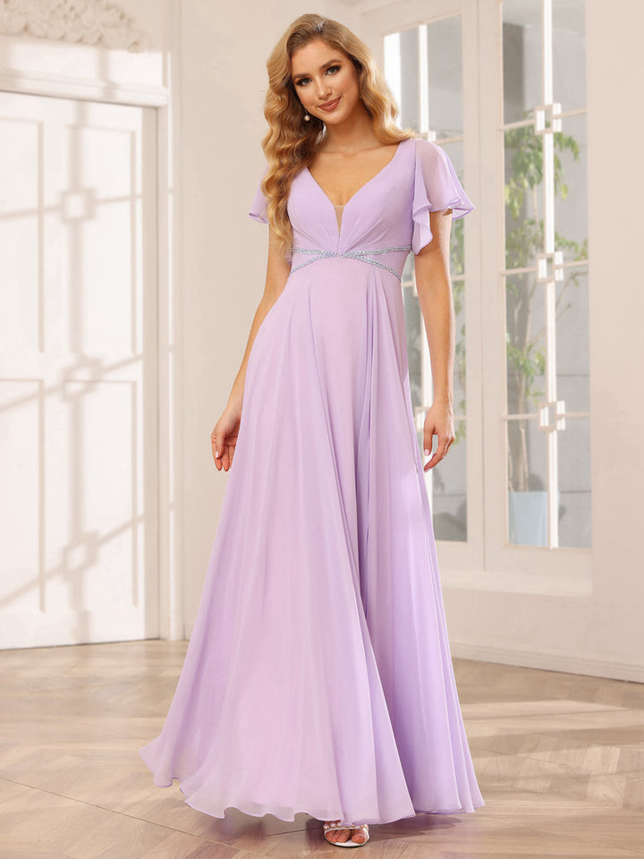 A-Line/Princess V-Neck Long Bridesmaid Dresses with Split Side &amp; Beading