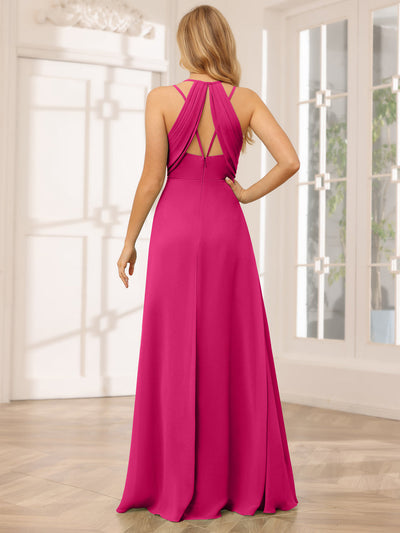 A-Line/Princess V-Neck Long Bridesmaid Dresses with Ruched