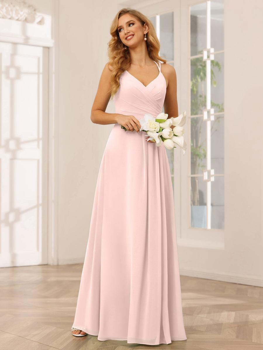 A-Line/Princess V-Neck Long Bridesmaid Dresses with Ruched