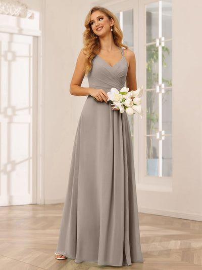 A-Line/Princess V-Neck Long Bridesmaid Dresses with Ruched