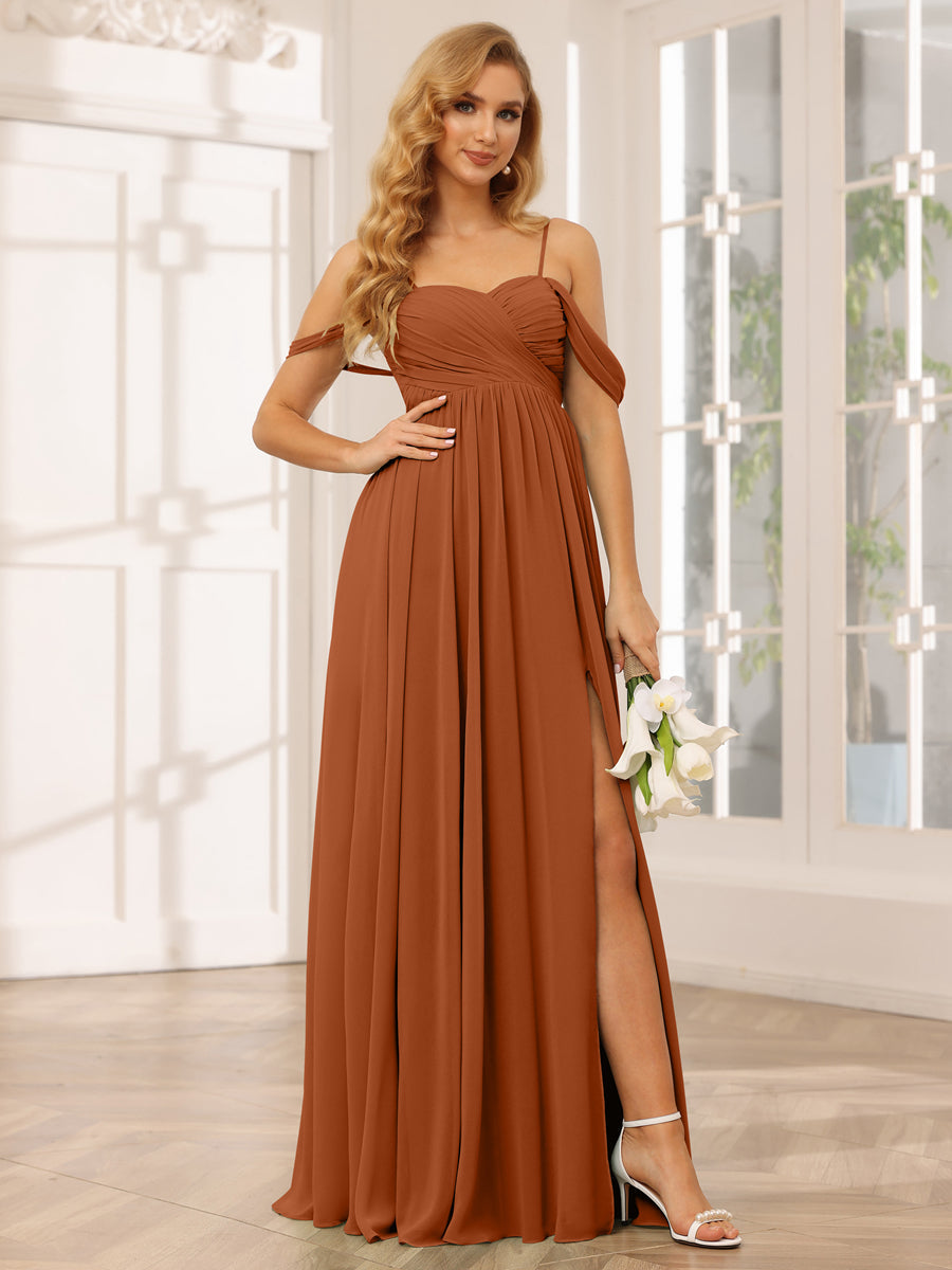 A-Line/Princess Spaghetti Straps Off-The-Shoulder Long Bridesmaid Dresses With Split Side