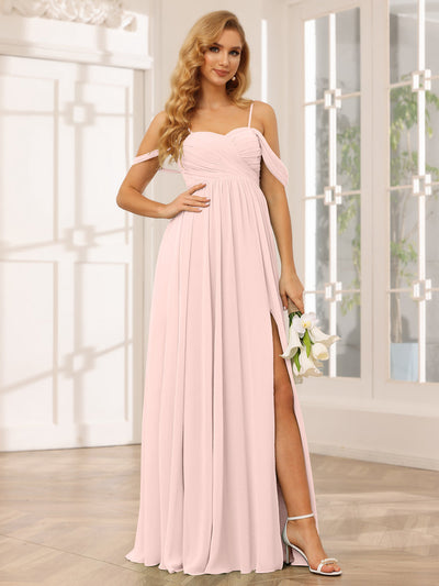 A-Line/Princess Spaghetti Straps Off-The-Shoulder Long Bridesmaid Dresses With Split Side