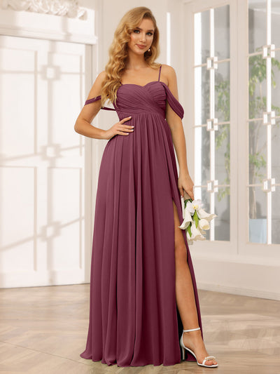 A-Line/Princess Spaghetti Straps Off-The-Shoulder Long Bridesmaid Dresses With Split Side