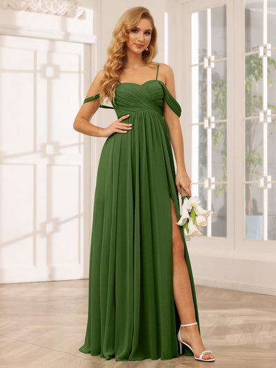 A-Line/Princess Spaghetti Straps Off-The-Shoulder Long Bridesmaid Dresses With Split Side