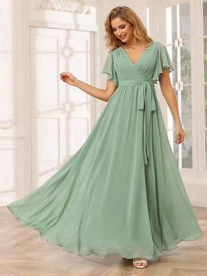 A-Line/Princess V-Neck Short Sleeves Long Bridesmaid Dresses with Sash
