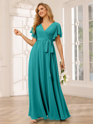 A-Line/Princess V-Neck Short Sleeves Long Bridesmaid Dresses with Sash