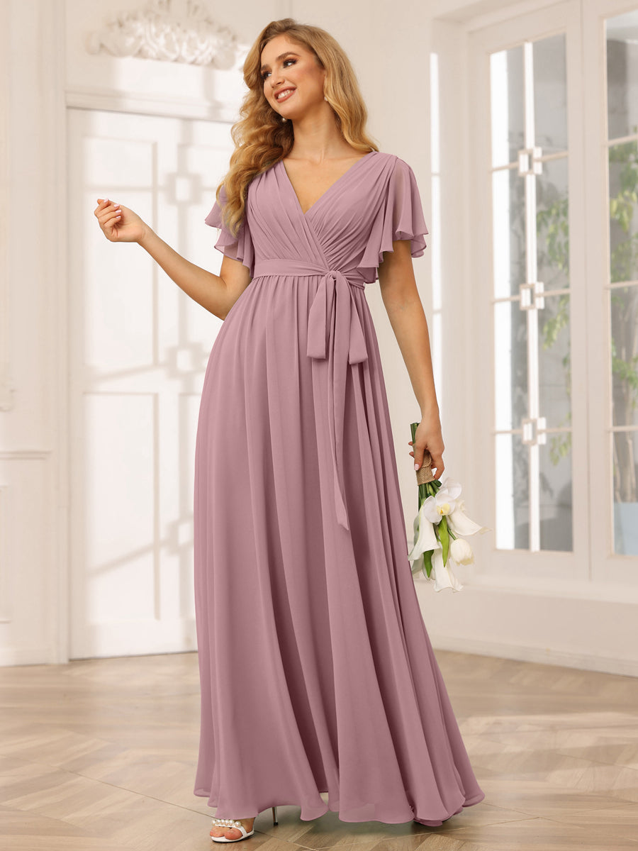 A-Line/Princess V-Neck Short Sleeves Long Bridesmaid Dresses with Sash