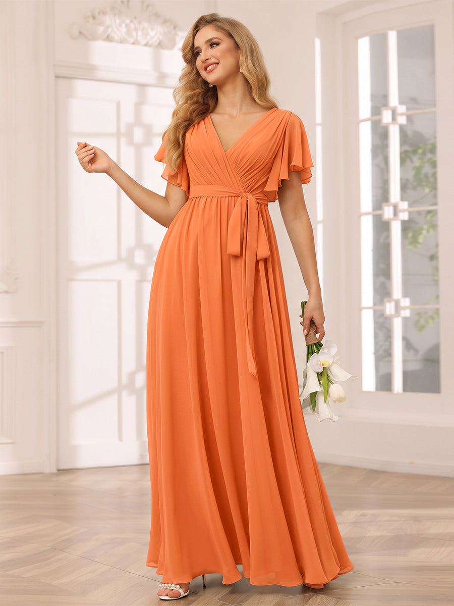 A-Line/Princess V-Neck Short Sleeves Long Bridesmaid Dresses with Sash