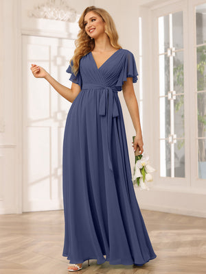 A-Line/Princess V-Neck Short Sleeves Long Bridesmaid Dresses with Sash
