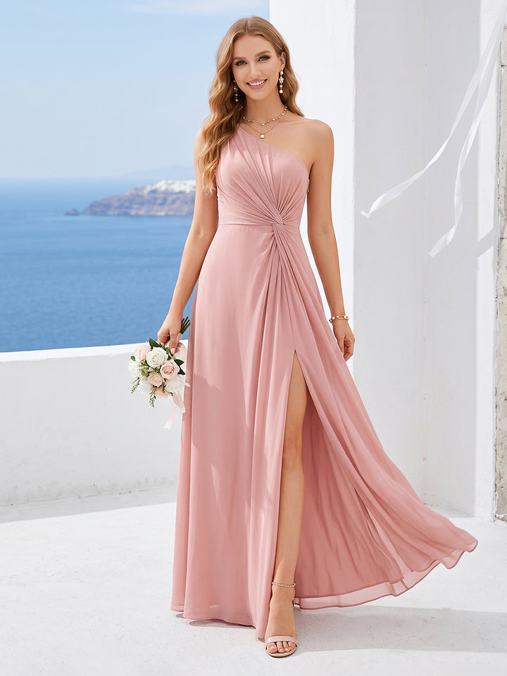 A-Line/Princess One-Shoulder Long Bridesmaid Dresses with Split Side