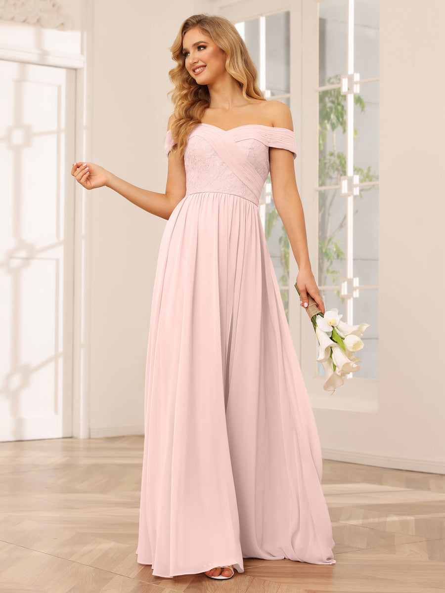 A Line Princess Off the Shoulder Long Bridesmaid Dresses with Applique Lavetir