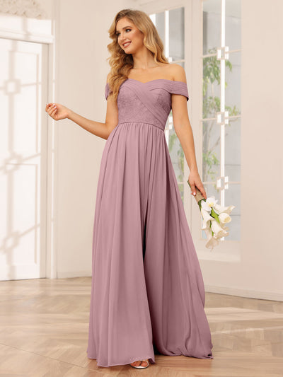 A-Line/Princess Off-the-Shoulder Long Bridesmaid Dresses with Applique