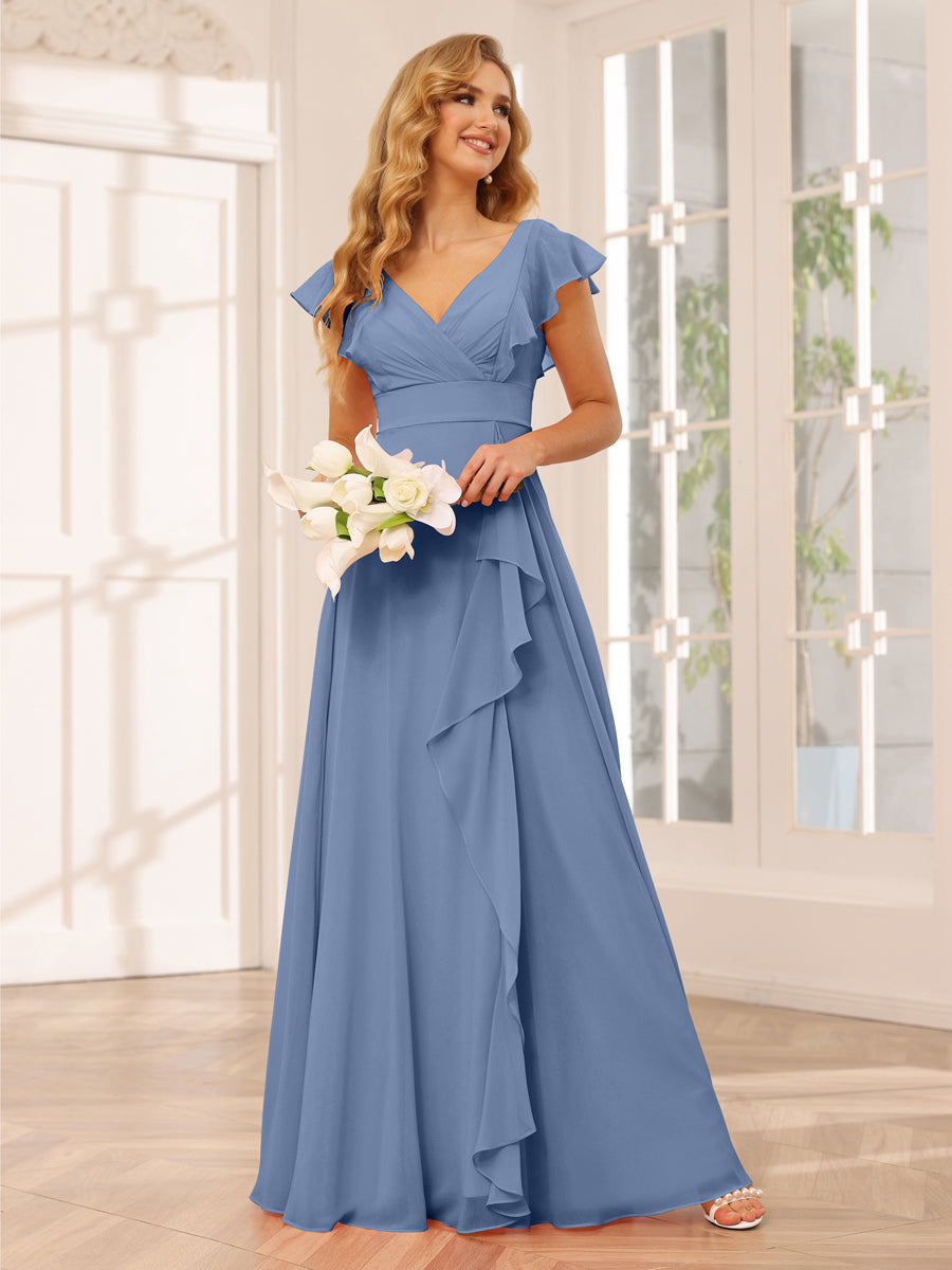 A-Line/Princess V-Neck Long Bridesmaid Dresses with Ruffles-Lavetir