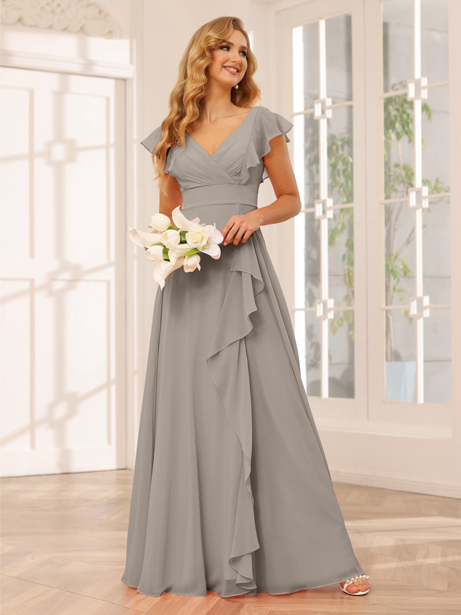 A-Line/Princess V-Neck Long Bridesmaid Dresses with Ruffles