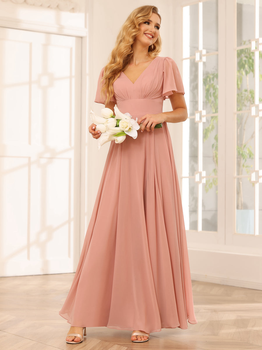 Dusty Rose Bridesmaid Dresses Women's Chiffon A-Line V-Neck Short Sleeves Long Elegant Formal Evening Party Gowns with Split Side