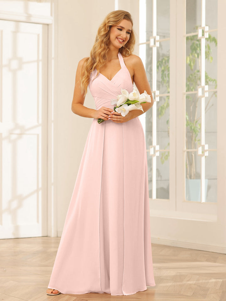 A-Line/Princess Halter Long Bridesmaid Dresses with Split Side