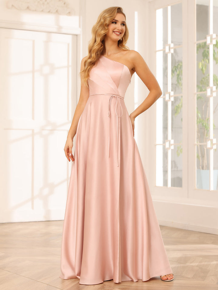 A-Line/Princess One-Shoulder Long Bridesmaid Dresses with Split Side &amp; Sash