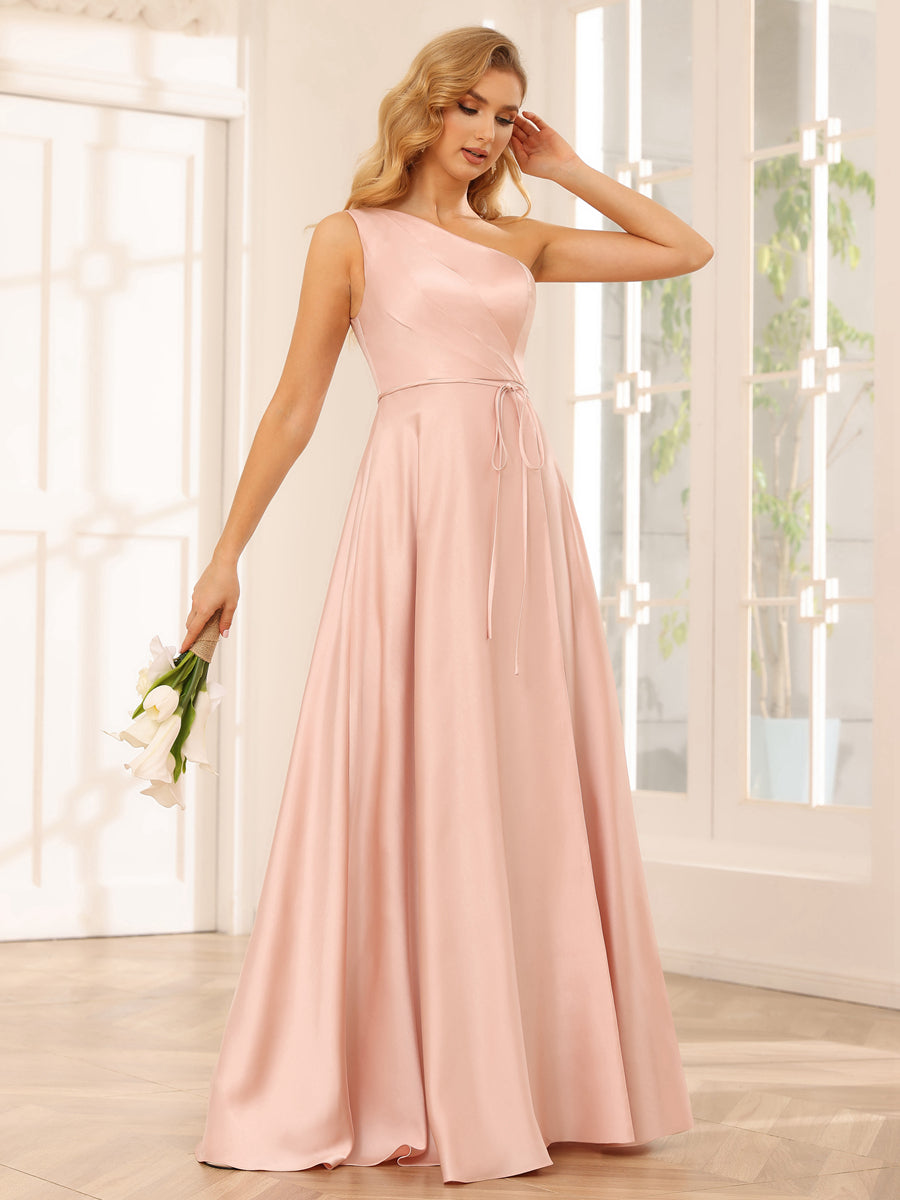 A-Line/Princess One-Shoulder Long Bridesmaid Dresses with Split Side &amp; Sash