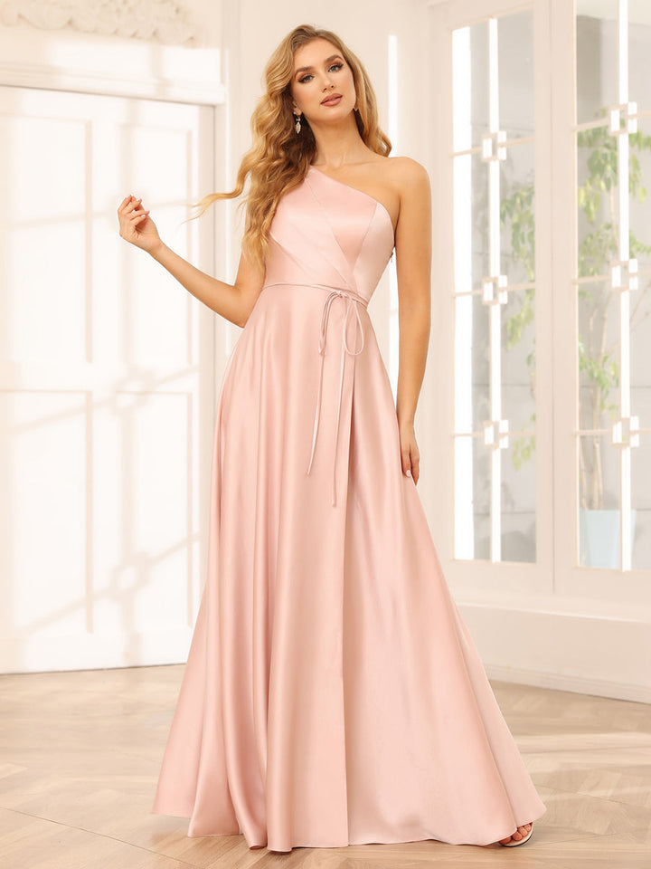 A-Line/Princess One-Shoulder Long Bridesmaid Dresses with Split Side &amp; Sash