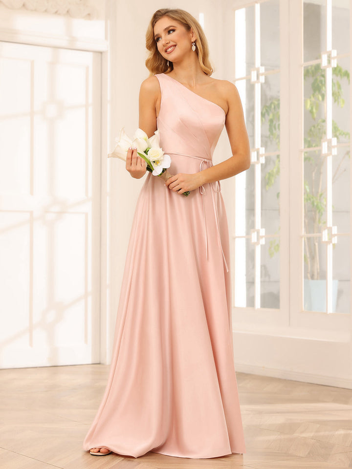 A-Line/Princess One-Shoulder Long Bridesmaid Dresses with Split Side &amp; Sash
