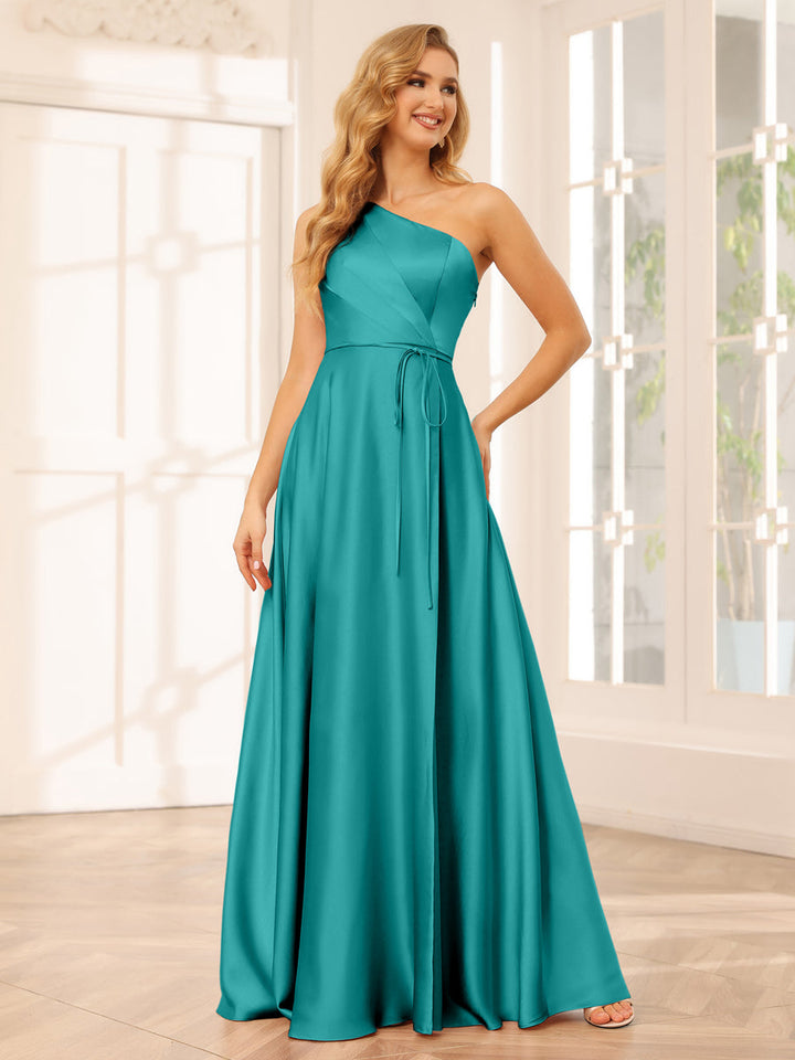 A-Line/Princess One-Shoulder Long Bridesmaid Dresses with Split Side &amp; Sash